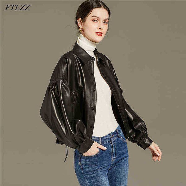 

ftlzz spring autumn faux soft leather short women jacket high street drawstring zoom loose pu leather jacket sxl size female outrun j220727, Black