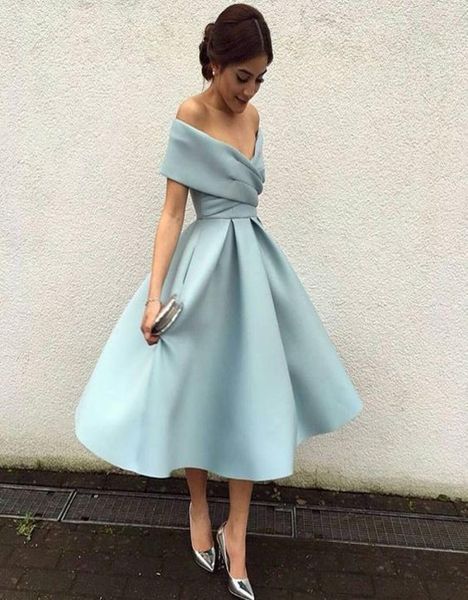 

2020 light sky blue cocktail dresses off the shoulder tea length a line satin homcoming dresses formal occasion party gown custom 9871436, Black