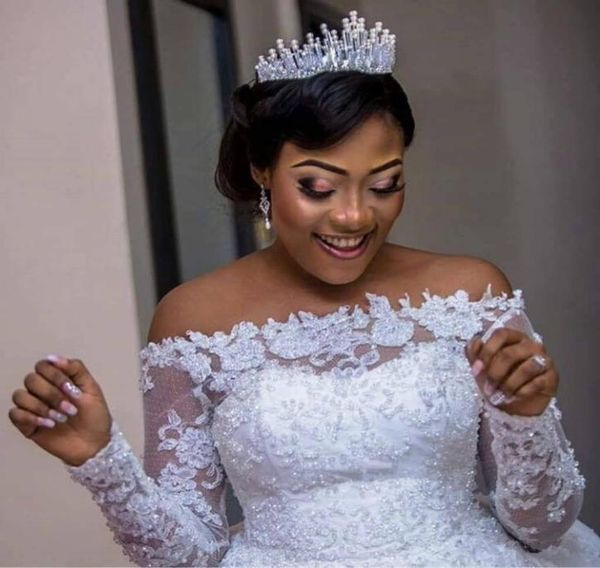 

long sleeve wedding dresses off shoulder ball gown princess bridal dress custom made4204554, White