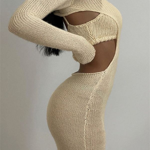 

two piece dress kliou knitted set women skirt elegant lined sleeveless camisole ong sleeve backless female 221115, White