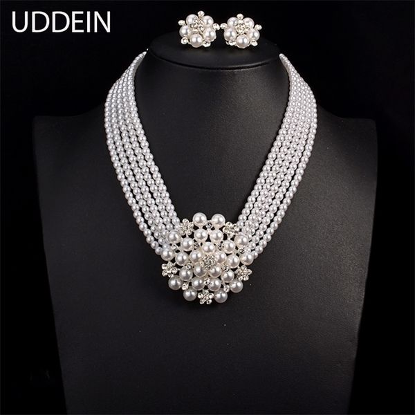 

wedding jewelry sets uddein est bride necklace multilayer imitation pearl chain big flower women statement 221115, Slivery;golden