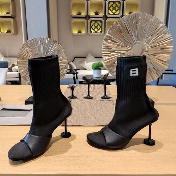 

elastic sock boots high heels women's shoes printed letters luxury leather multicolor size 35-42 autumn and winter, Black