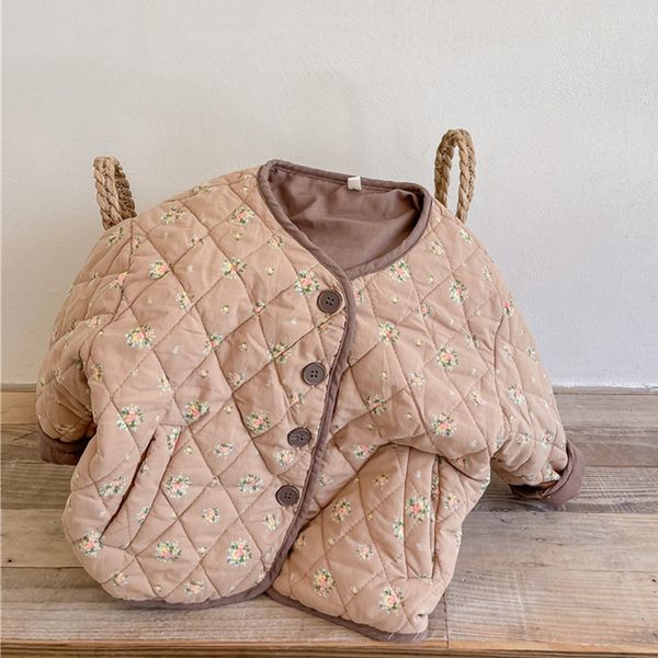 

down coat winter korean style kids clothes floral printed baby girls quilting coats thicken warm children cotton padded outerwear 221115, Blue;gray