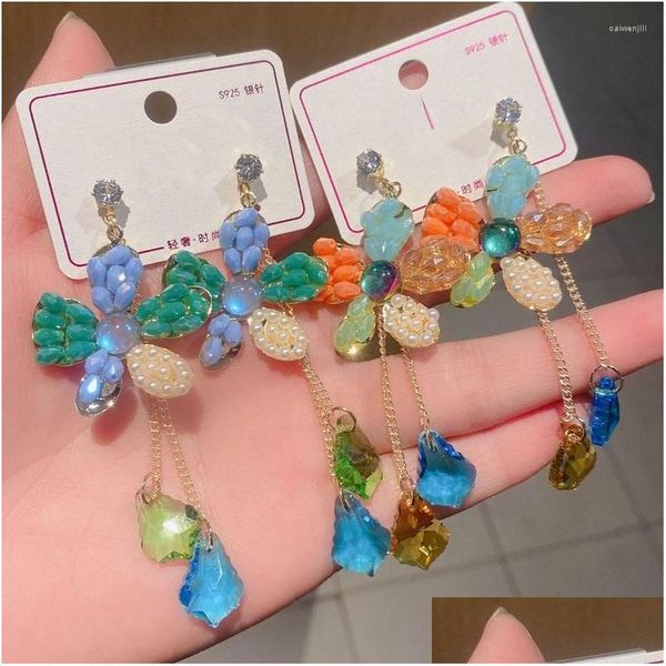 

dangle chandelier dangle earrings sweet and versatile slim retro color matching flower crystal tassel drop delivery jewelry dh365, Silver