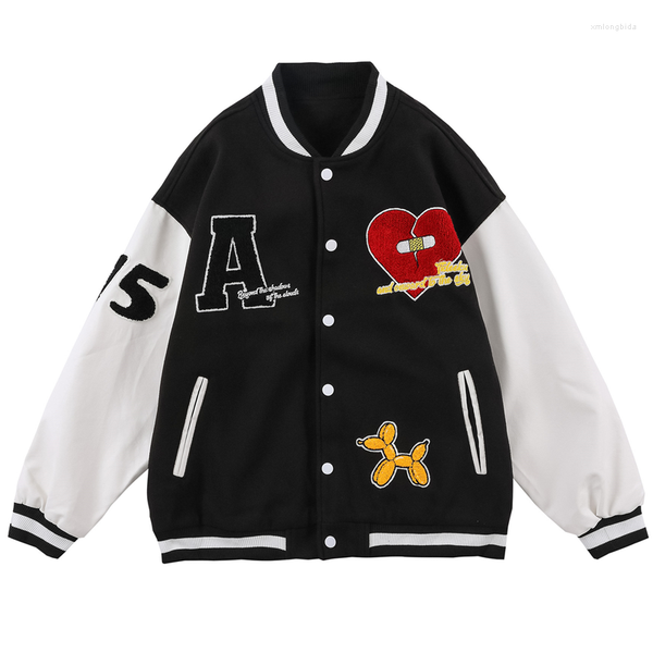 

men's jackets broken heart embroidery varsity jacket coat men women patchwork hip hop streetwear harajuku retro baseball bomber fashion, Black;brown