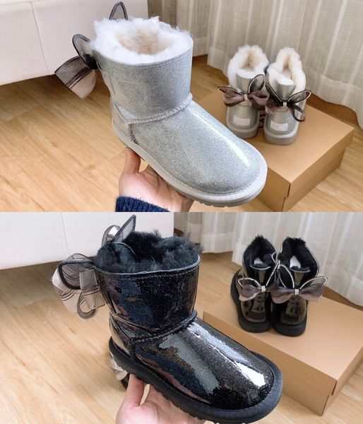 

kids boot australia winter bow tie snow boots fur furry classic australian short bailey warm waterproof baby toddlers shoes furry ankle wgg, Black;grey