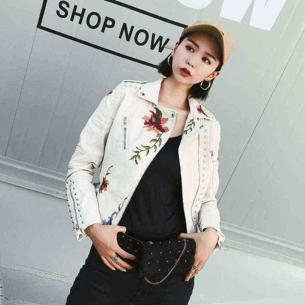 

spring autumn flowers embroidery rivet zipper pu leather jacket women new turndown collar black slim biker jackets jaqueta casaco j220727