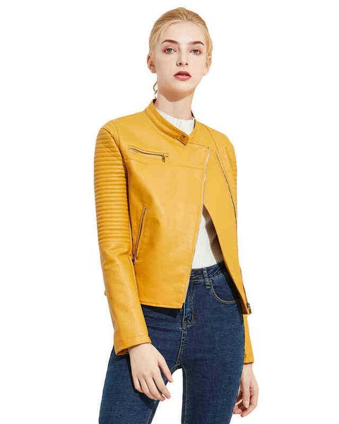 

fitaylor new spring women yellow faux leather jacket female oneck zipper pu leather jackets jacket motorcycle biker jacket j220727, Black