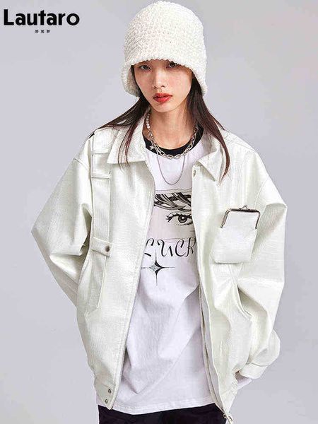 

lautaro spring autumn oversized cool white crocodile texture faux leather jacket women long sleeve zipper casual loose fashion j220727, Black