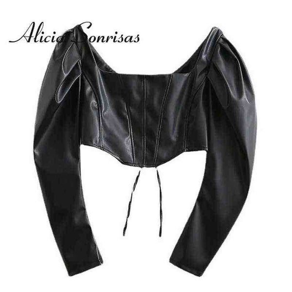

2022 spring autumn women pu short leather shirts solid black long sleeve straps backless trendy square neck popular j220727