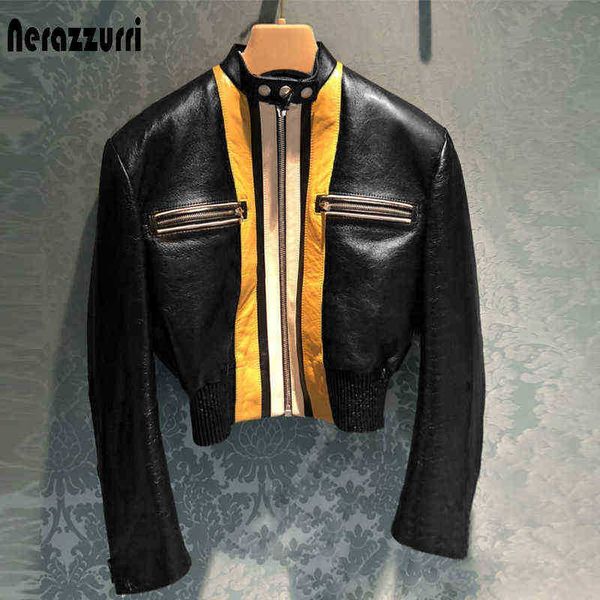 

nerazzurri spring short patchwork faux leather jackets for women long sleeve zipper crop runway designer clothing fashion j220727, Black