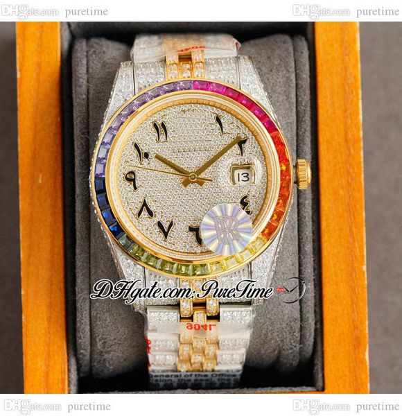 

rf 41mm 126334 eta a2824 automatic mens watch rainbow bezel two tone yg paved diamond dial black arabic script fully iced out 904l stainless, Slivery;brown