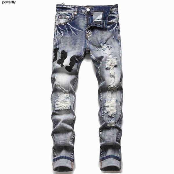 

designer men's jeans fashion brand youth fashion amirs sticking cloth embroidery men's elastic small feet men's fashion jeans, Blue