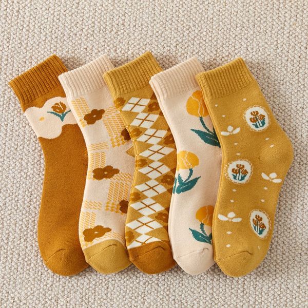 

floral socks children's middle tube lovely terry casual and versatile, Black;white