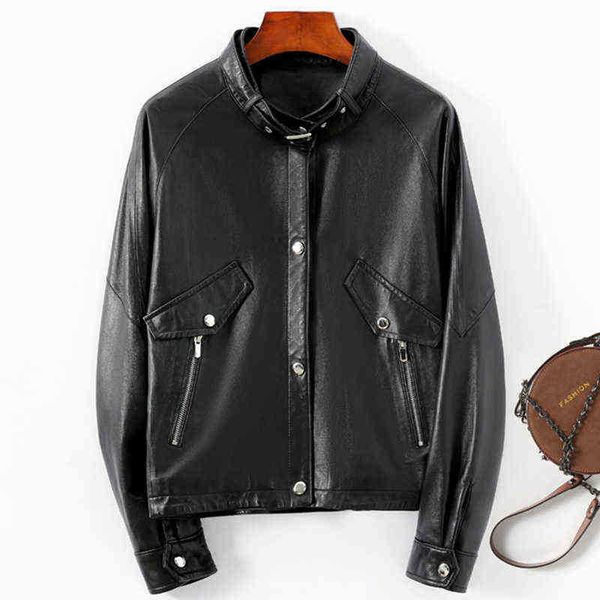 

women real sheepksin leather jackets spring autumn oil wax leather jacket vintage silm biker jackets gr3786 j220727, Black
