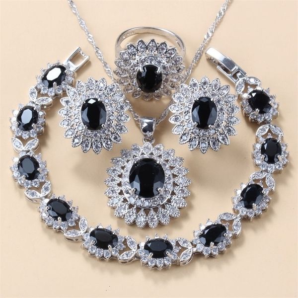 

wedding jewelry sets fashion 925 mark big women costume black cubic zirconia sunflower clip earrings necklace bracelet and ring 221115, Slivery;golden