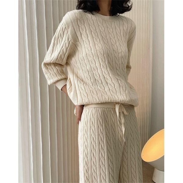 

womens two piece pants autumn and winter soft cable sweater loose casual slimming comfortable knitted trousers full set home clothes 221115, White