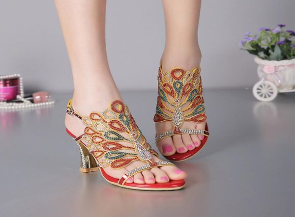 

women banquet prom party shoes summer rhinestone sandals open toe chunky heel strappy wedding shoes for bride red black color1190077