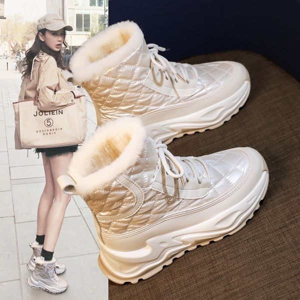 

boots lucky platform waterproof snow boots for women laceup warm thicken plush winter shoes ladies thick sole nonslip botas mujer 221114, Black