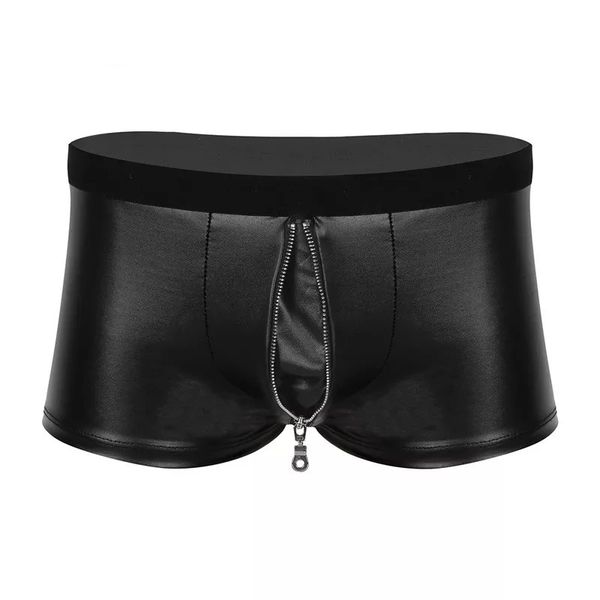 

underpants mens latex zipper crotch panties faux leather jockstraps erotic lingerie bulge pouch gay wetlook clubwear boxer shorts, Black;white