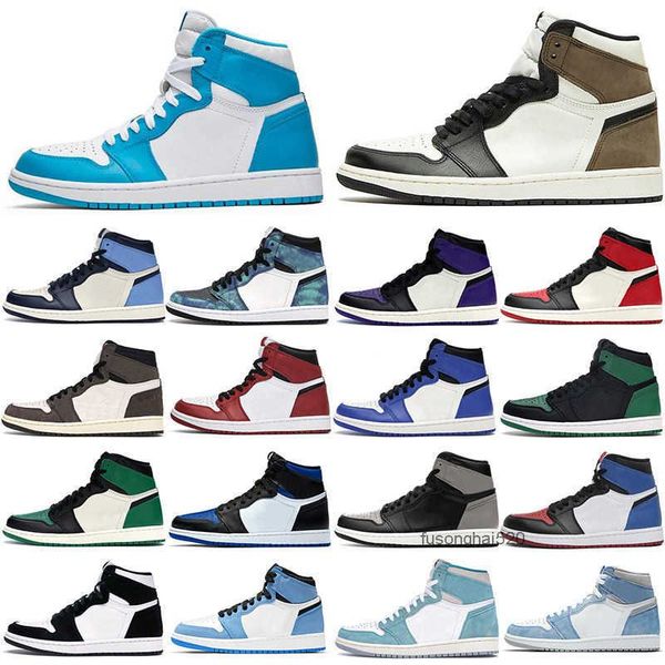 

2022 new retro basketball shoes 1 men's 1s turbo green hyper royal unc dark mocha obsidian tie dye court purple bred toe cactus jack jo, Black
