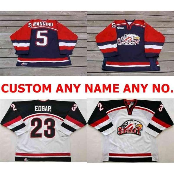 

dh personalized ohl saginaw spirit jersey 5 mannino 23 edgar mens womens kids stitched ice hockey jerseys custom any name no.goalit cut jers, Black;red