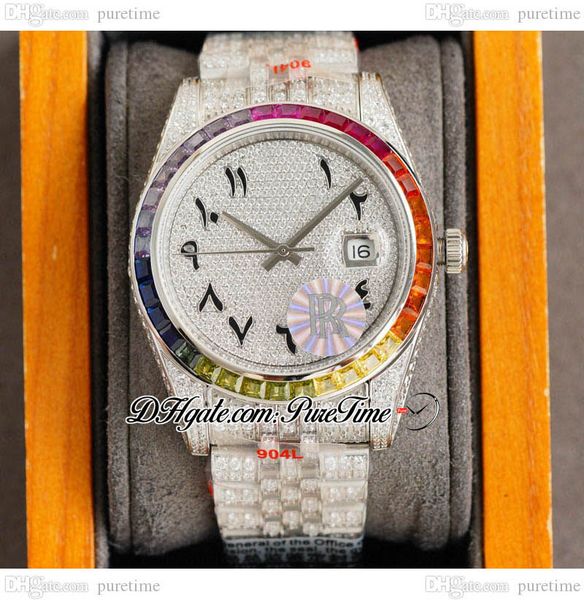 

rf 41mm 126334 eta a2824 automatic mens watch rainbow bezel 904 steel paved diamond dial black arabic script fully iced out 904l stainless s, Slivery;brown