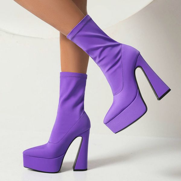

boots purple blue women ankle boots stretch fabric platform square high heel punk boots pointed toe autumn winter ladies shoes 221114, Black