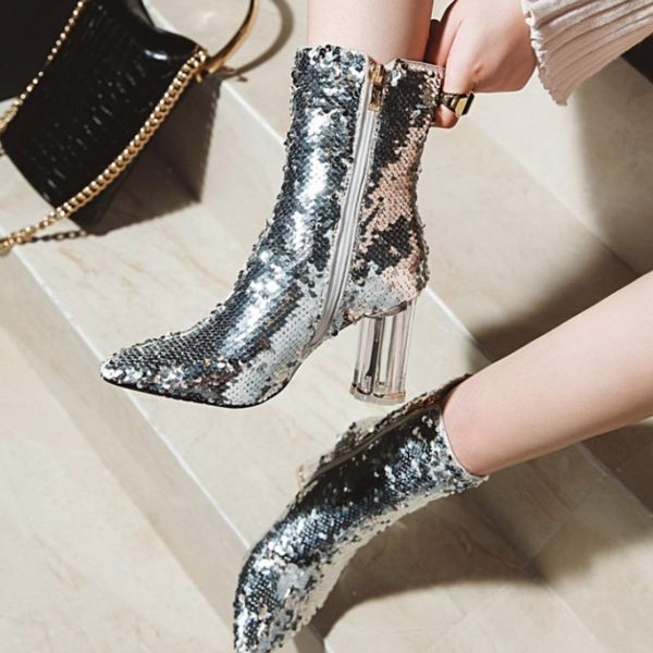 

boots women's shoes crystal highheeled pointed boots discoloration sequins thick heel banquet host model catwalk 221114, Black