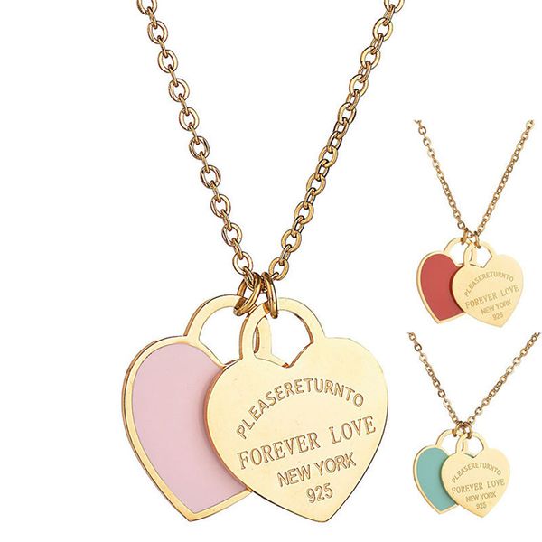 

double heart pendant fashion designer necklaces women necklace classic heart girl valentines day love gift 316l stainless steel jewelry whol, Silver