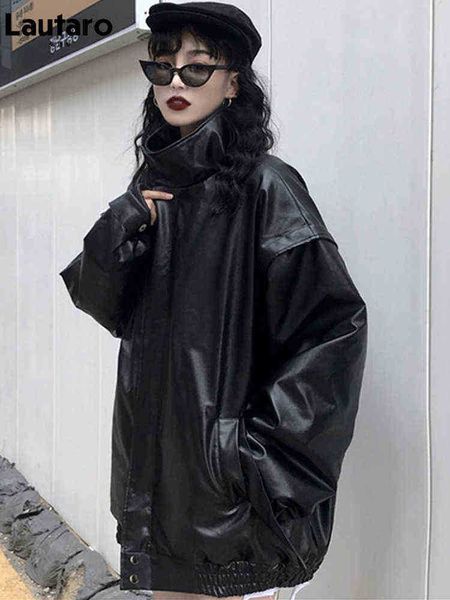 

lautaro spring autumn oversized windproof cool black soft pu leather jackets for women long sleeves zipper casual loose fashion j220727