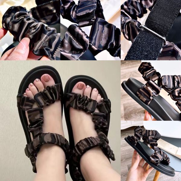 

2023 new flat sandal women's pleated satin slipper metal buckle beach shoe buckle leather rubber outdoor 34-41, Black