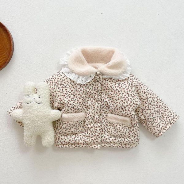

rompers autumn winter children plus velvet thicken flower print cotton coat girl baby long sleeve boy infant lace jacket 221114, Blue