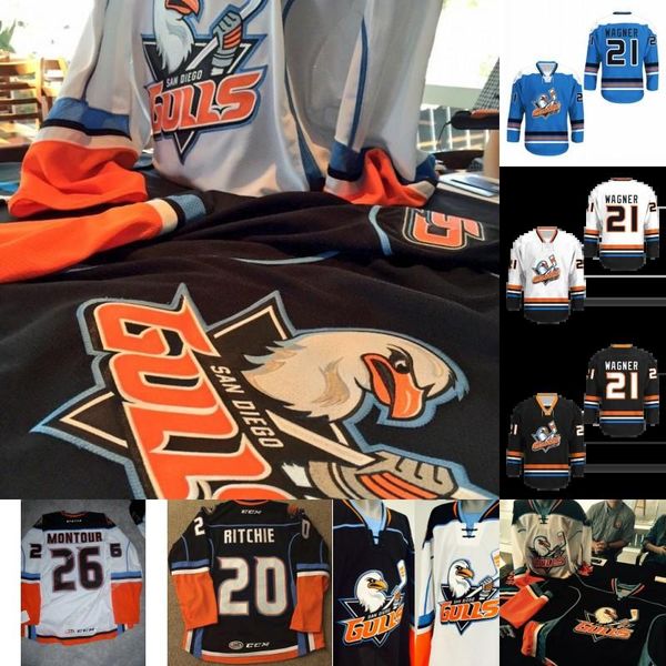 

san diego gulls jersey 21 wagner 4 thompson 20 ritchie 5 pettersson 15 sorensen 19 hults abbott ahl hockey jerseys orange black white, Black;red