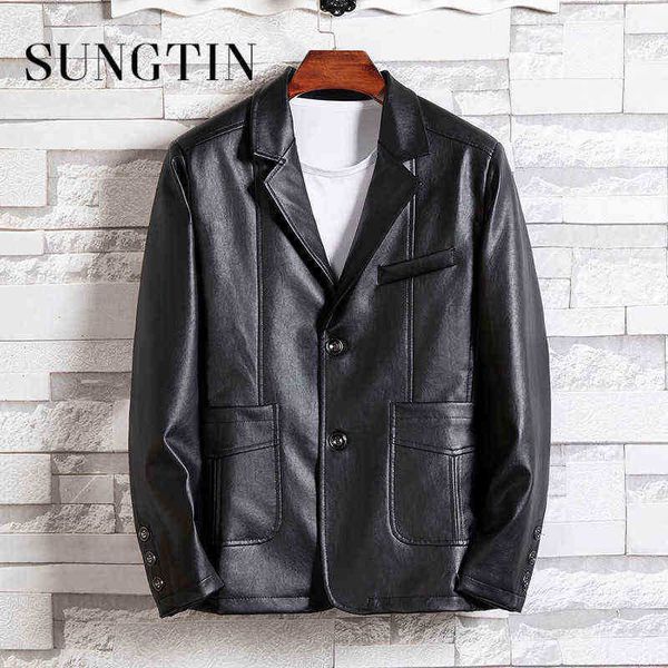 

sungtin korean loose pu faux leather jacket men notched long sleeves moto biker vintage jackets jacket female chic casual clothing j220727, Black