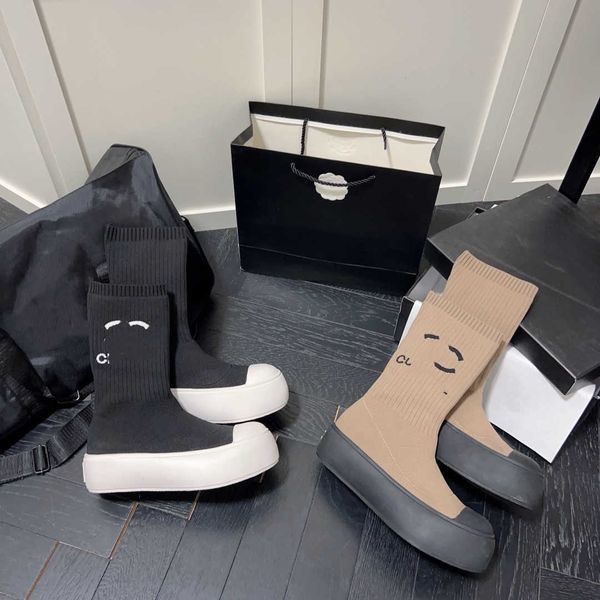 

2022 autumn winter new couple designer socks shoes women thick-soled casual large size net c letter interlocking knitted short boots women b, Black