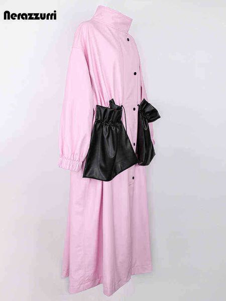

nerazzurri spring autumn extra long pleated windproof oversized pink faux leather trench coat for women luxury designer clothing j220727, Black