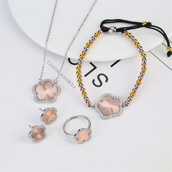 

wedding jewelry sets five ieaf fiower neckiace jeweiry set sweet romantic retro styie piated zircon high quaiity earrings braceiet gift 2211, Slivery;golden