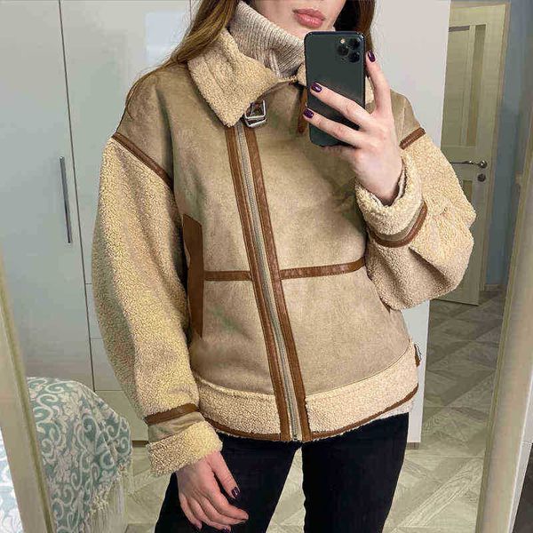 

2022 new winter women thick vintage splice suede coat jacket loose warm lambswool overcoat female oversized faux leather outfit j220727, Black
