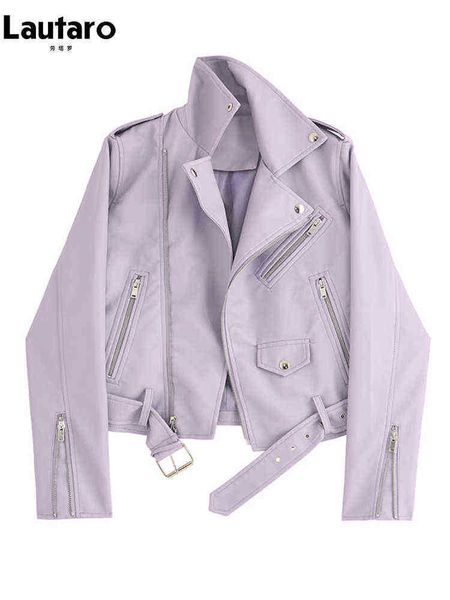 

lautaro spring autumn short purple black brown soft pu leather biker jacket women zipper long sleeves cool outerwear 3xl 4xl 5xl j220727