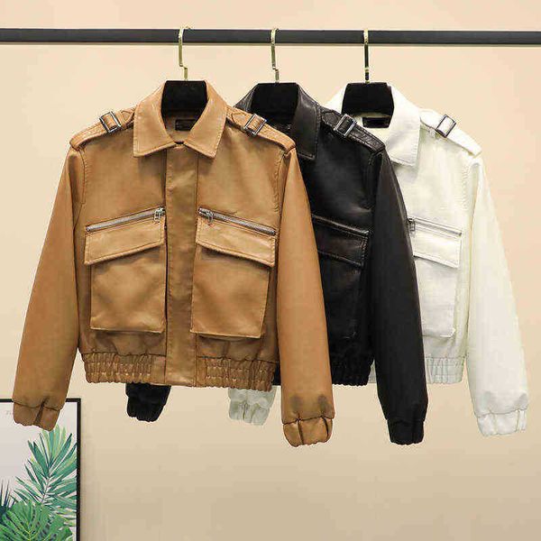 

pu leather jacket women 2022 new spring loose black army green red beige leather jacket woman punk moto cyclists female jacket j220727