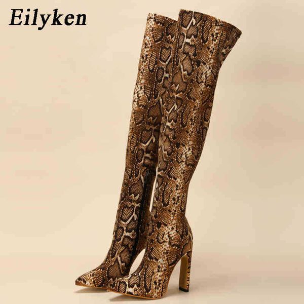 

boots eilyken leopard grain serpentine long boots women square heel boot pointed toe club shoes thigh high over the knee boots 220913, Black