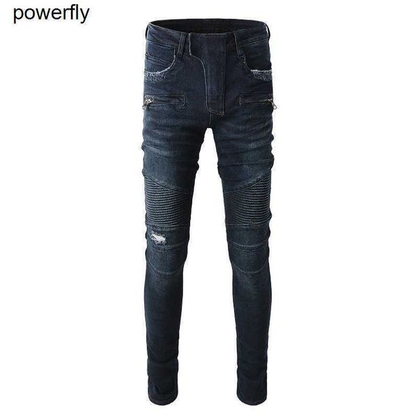 

men's jeans designer blue amirs fashion brand pocket slim elastic motorcycle small streetwear jeans pants