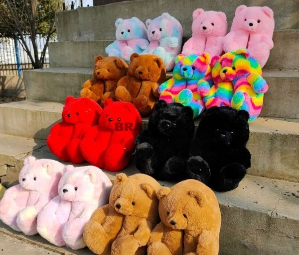 

slippers plush warm house shoes women teddy bear soft home indoor slipper ladies cute cartoon funny female footwear 221115, Black