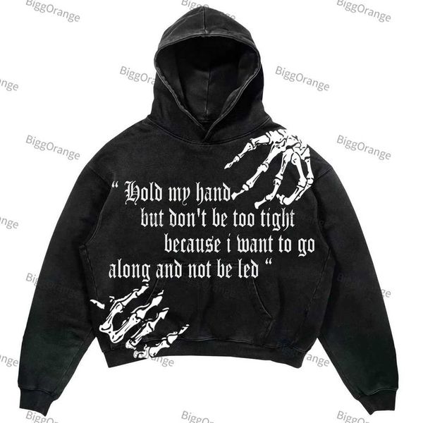 

men's hoodies sweatshirts american retro letter skull print oversized hoodie men punk sport loose coat harajuku gothic streetwear long, Black