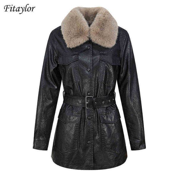 

fitaylor winter women large fur collar faux leather jacket streetwear moto biker female thickness warm snow jacket runner with belt j220727, Black