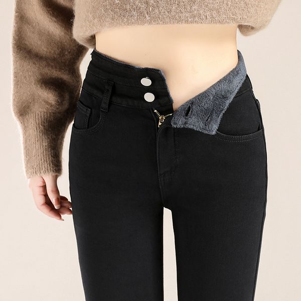 

winter thick velvet women high waist skinny jeans simple fleece warm slim fit stretch ladies casual y2k fashion pants, Blue