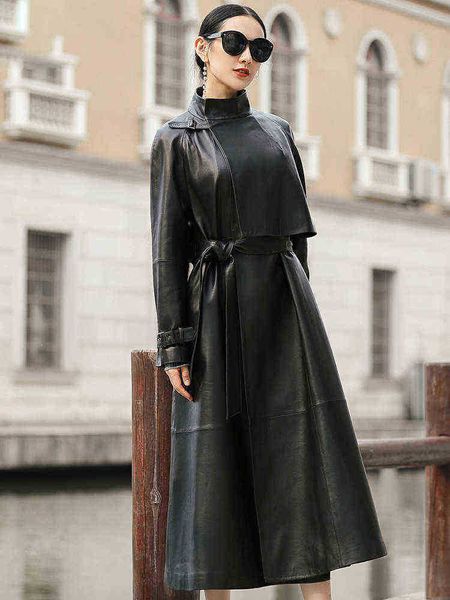

nerazzurri spring black long leather trench coat for women belt raglan sleeves spring autumn faux leather jacket women fashion j220727