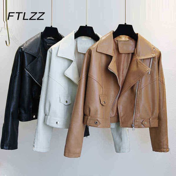 

new women brown faux leather jacket spring atuums vintage turn down collar short leather jacket korean ladies biker moto jacket j220727, Black