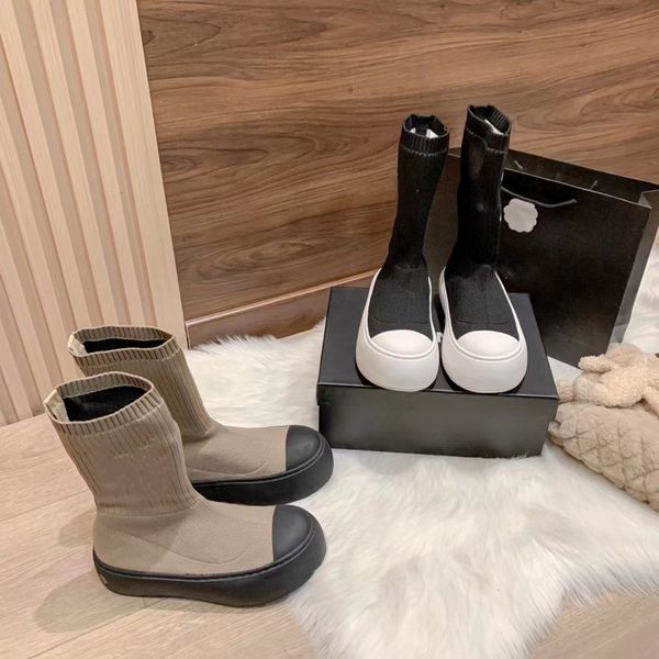

sock boots women stretch fabric designer boots brand letter print ankle booties classic luxury slip-on solid black brown non-slip round toe
